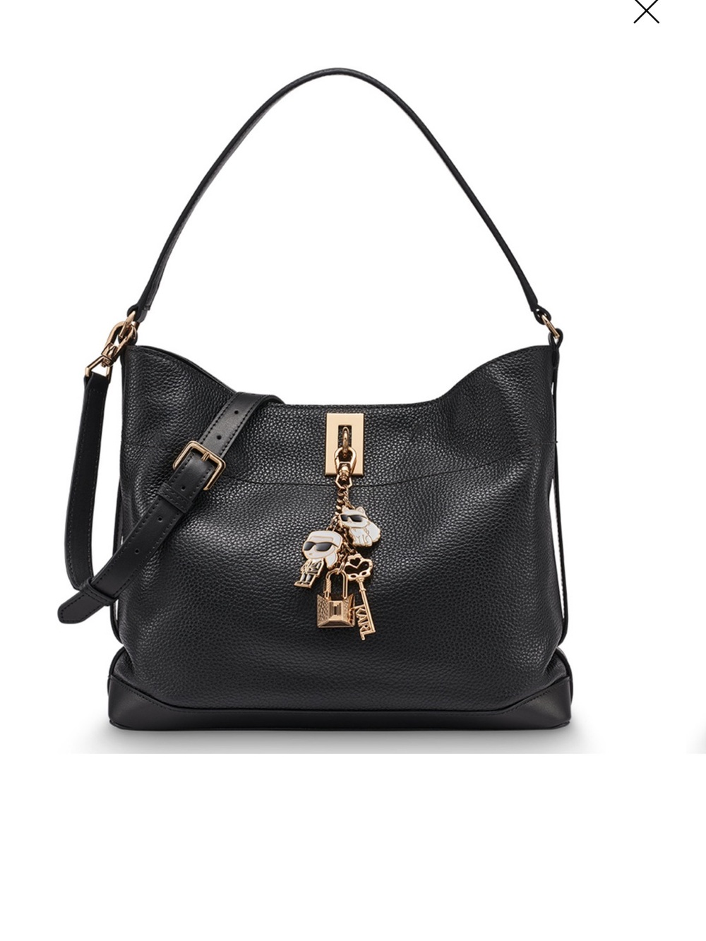 Karl Lagerfeld Black Pebbled Leather Shoulder Bag with Gold Charm Accents